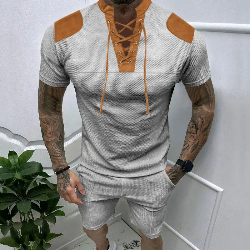 

Summer TrendEuropean and American Men's Short Sleeve Shorts Suit V-Neck Lace Casual Sports Breathable Henley Shirt T-Shirt Short
