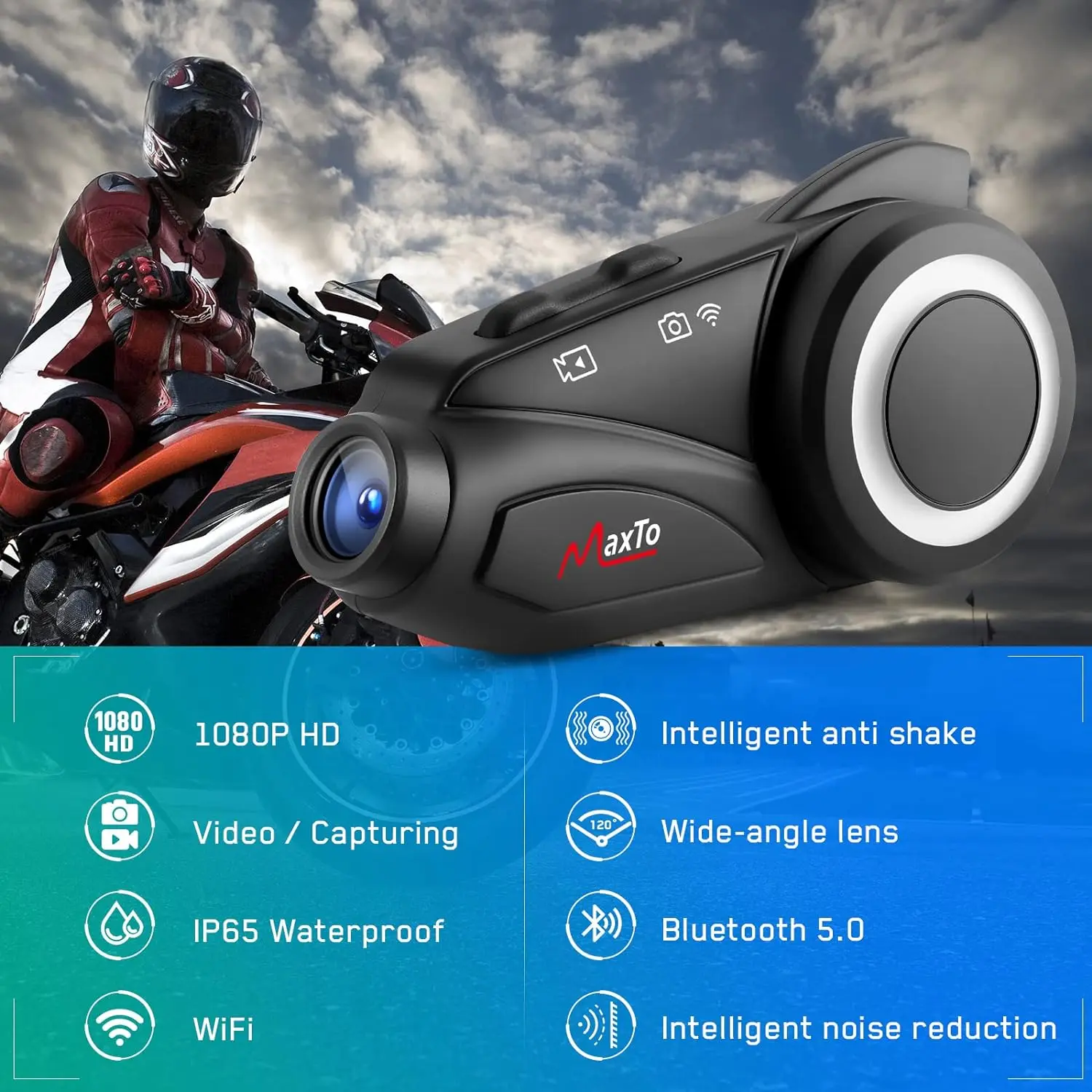 Motorcycle Bluetooth Headset with Camera M3 1080P Camera for 6-Way Motorcycle Communication Wireless 3280Ft IP65