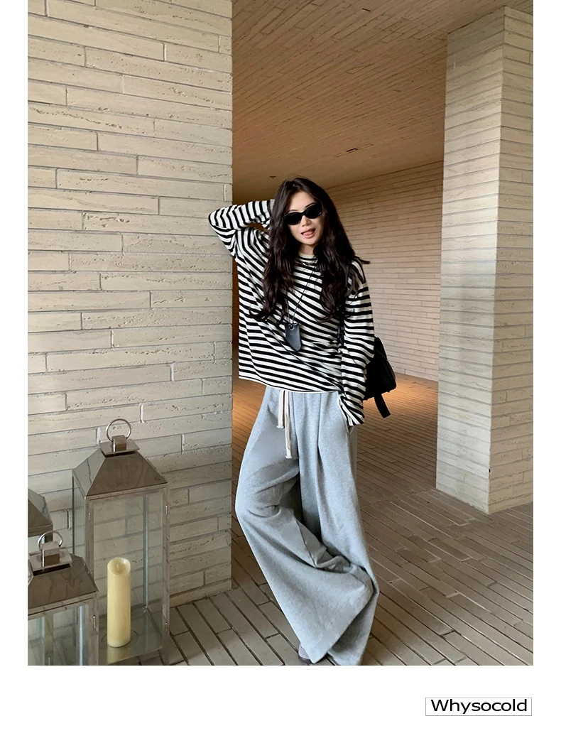 

ey Casual Sport Pants Women's American Sle Spring Autumn Bla Wide Leg Dstring Sweatpants Long Pants Commute Trend