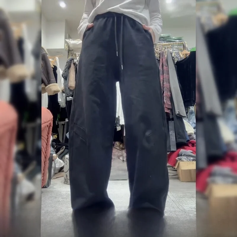 High Waist Fleece Lined Wide Leg Pants Women's Straight Cut Casual Floor Length Trousers Black Knife  Commute Style