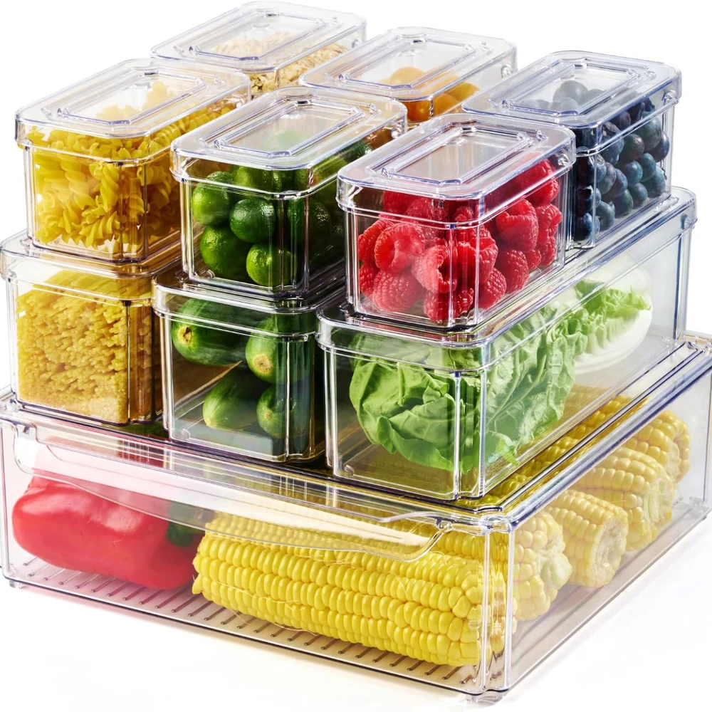 10 packs of transparent refrigerator storage boxes, refrigerator storage containers for food, fruits and vegetables