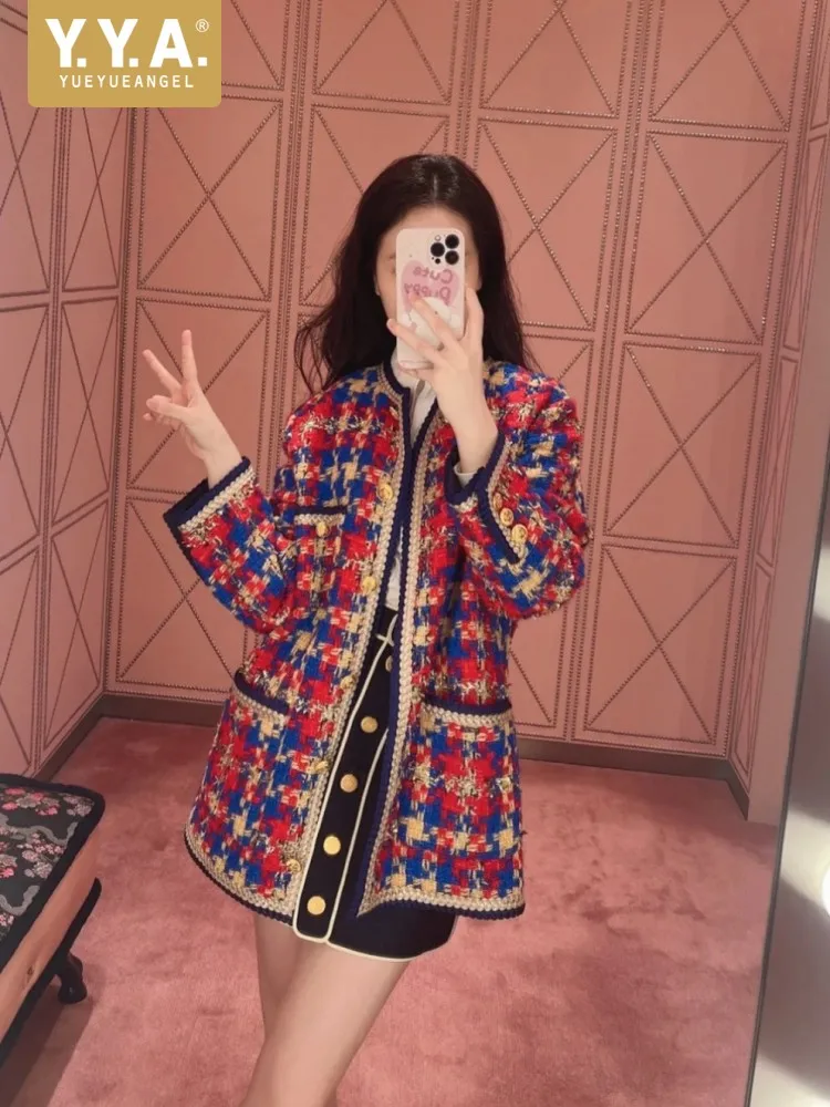 

Fashion Woven O-neck Women Classic Tweed Jacket Medium Length Colorful Plaid Jackets Straight Single Breasted Long Sleeve Coat