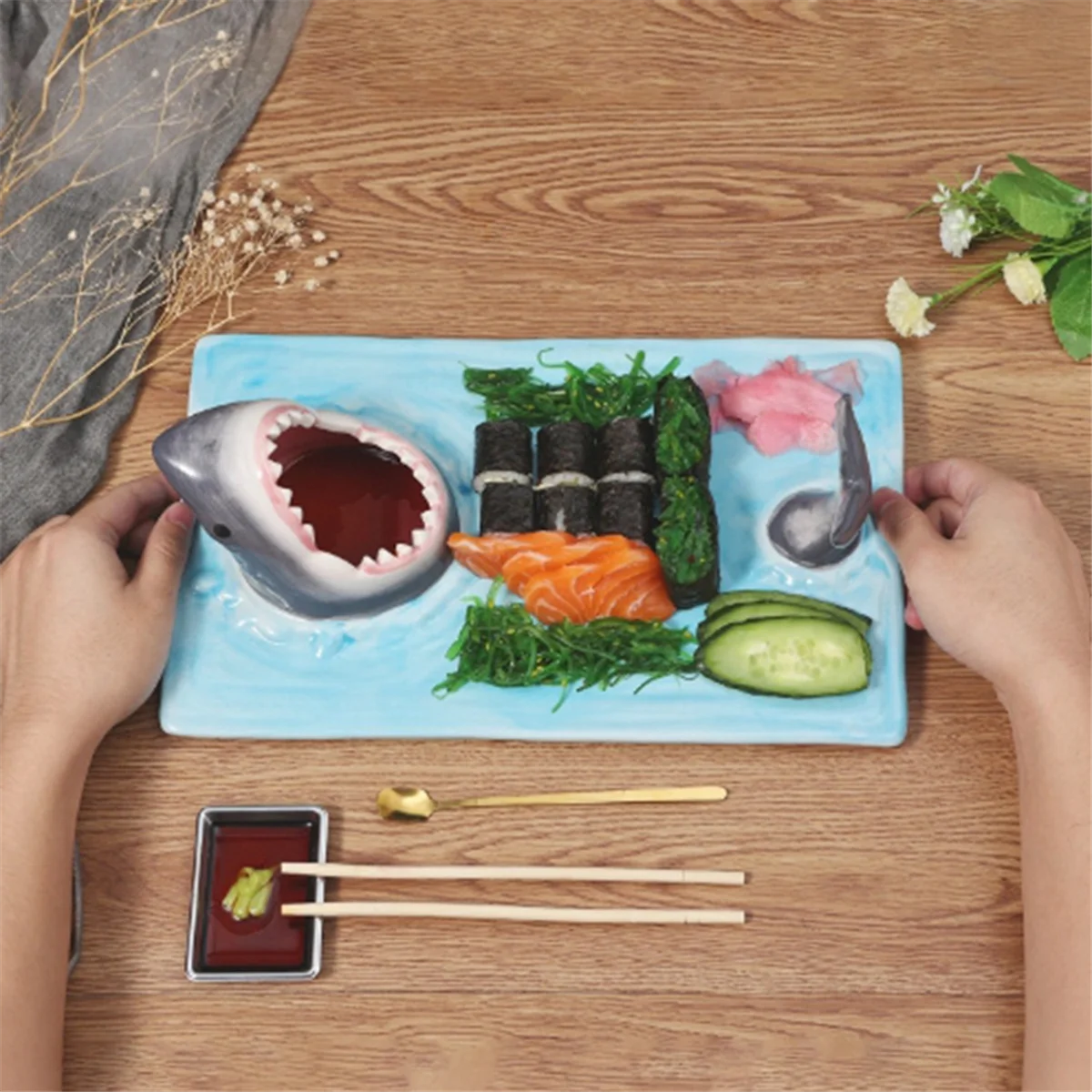 AA91 Ceramic Sushi Plate, Sharks Shape Rectangle Cheese Board Dining Table Kitchen Decoration