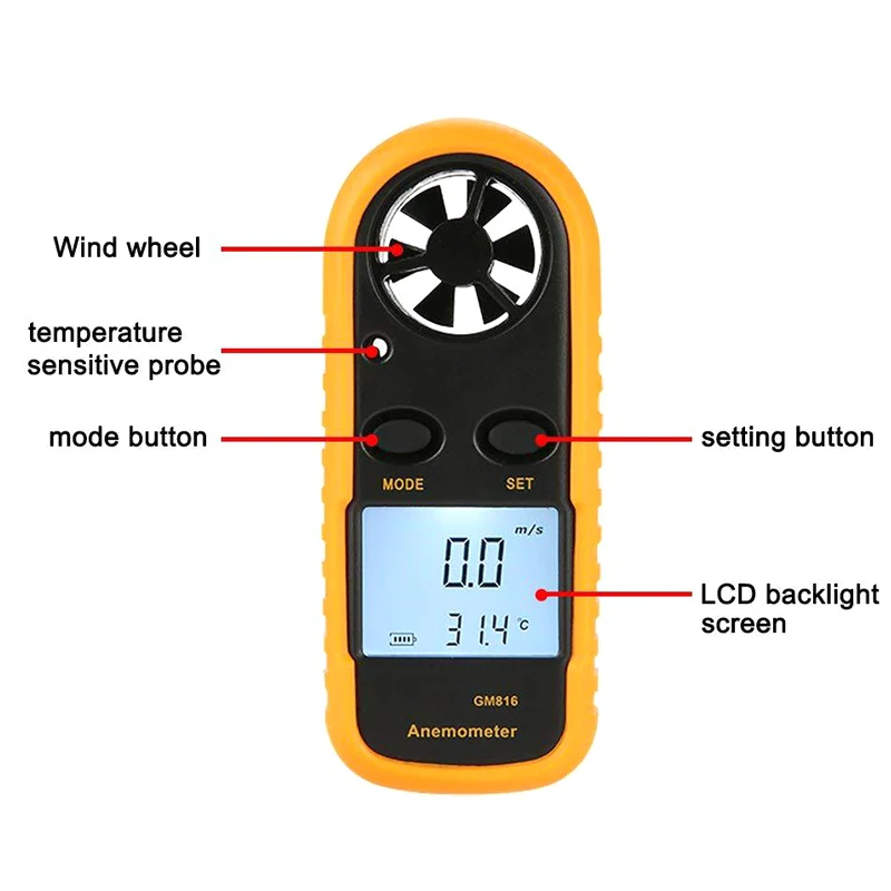 Mini LCD Wind Speed Gauge Air  Flow Meter Digital Anemometer Thermometer Wind Speed Mini LCD Wind Speed Gauge