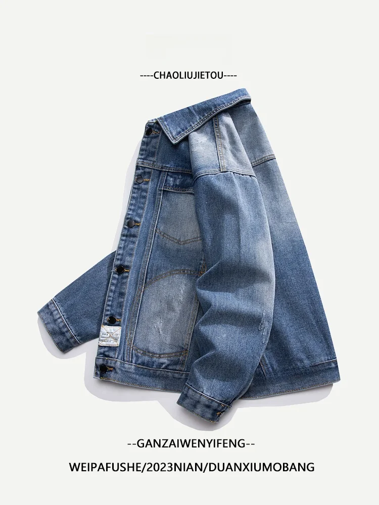 قسط يشعر الرجال الدنيم Jaet ربيع الخريف الأمريكية الرجعية التطريز فضفاض Haome القطن الجينز Jaet ملابس خارجية