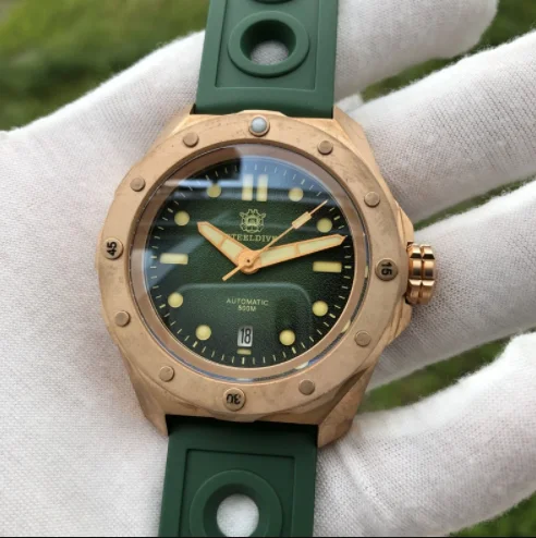 STEELDIVE Mens Automatic Watch 46MM Bronze Military Mechanical Wristwatch Diver 50ATM Waterproof C3 Luminous Sapphire NH35
