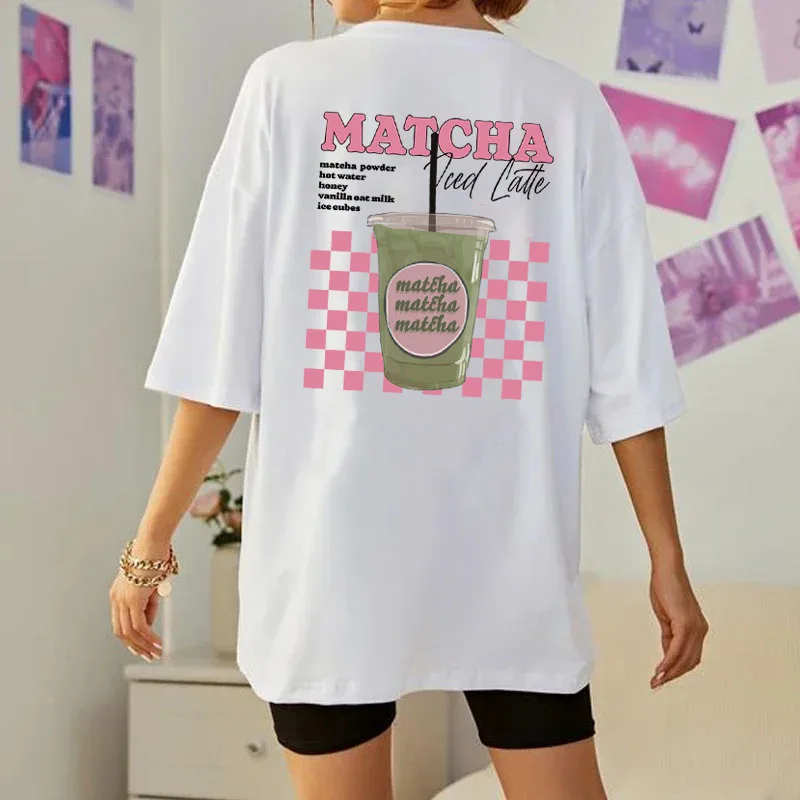 Camiseta con estampado de espalda Matcha Latte, ropa de moda para mujer, bonita camiseta Matcha Lover Y2k estética Egirl, ropa de calle holgada Retro, Tops