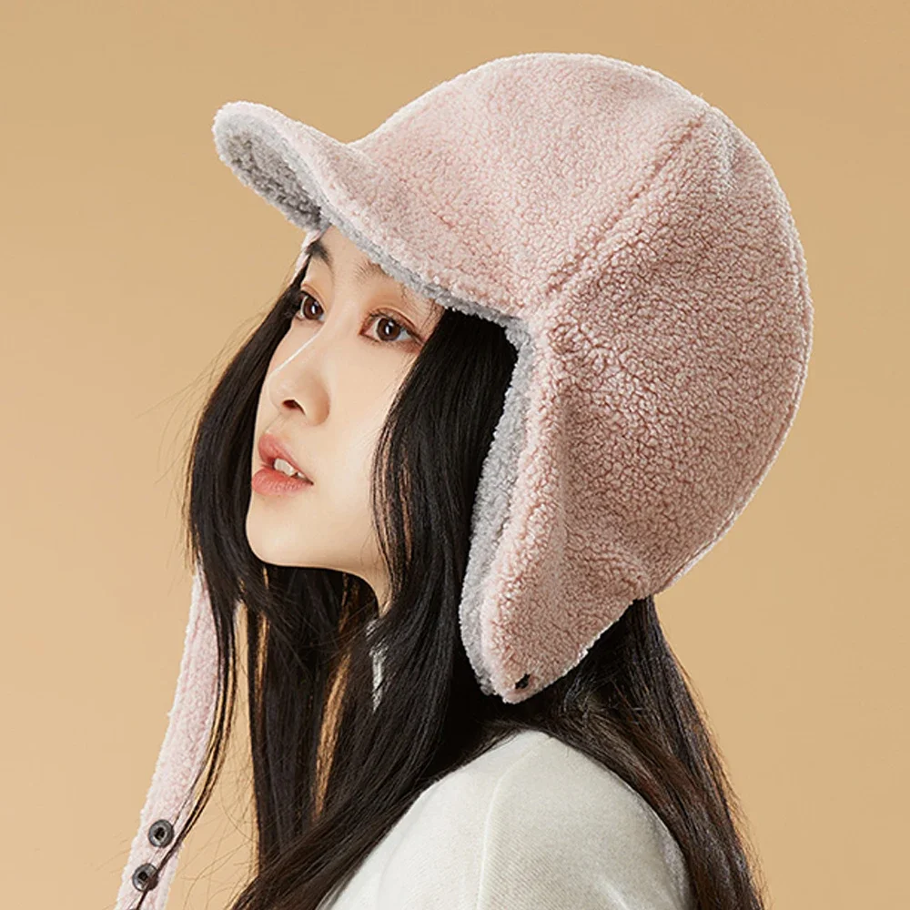 OhSunny-Sombrero de bombardero de piel para mujer, gorros bonitos de doble cara, a prueba de viento, cálido, con Protector de orejas, para invierno