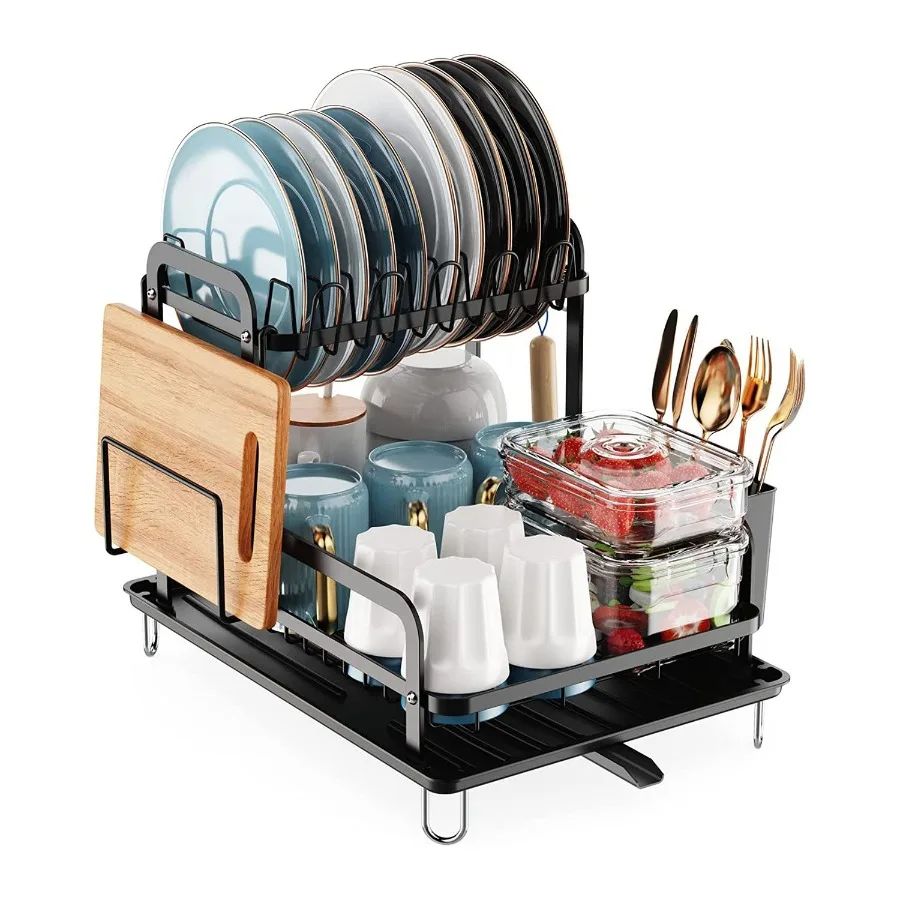 

2Tier Dish Drying Rack for Kitchen Counter Space Saving Rustproof Dish Rack with Drainboard Detachable Kitchen Drainer Organize