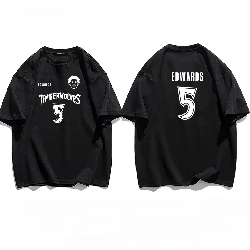 Basketball Star Timberwolves NO.5 Edwards Training T-shirt Fashion Men's Cotton T-shirts Oversize High Quality Short Sleeve Tees