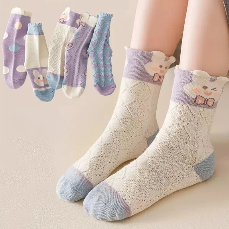 5 Pairs Lot Cute Rabbit Children Socks Summer Breathable Mesh Girls Middle Tube Socks   Kids  Girl Ruffle Socks