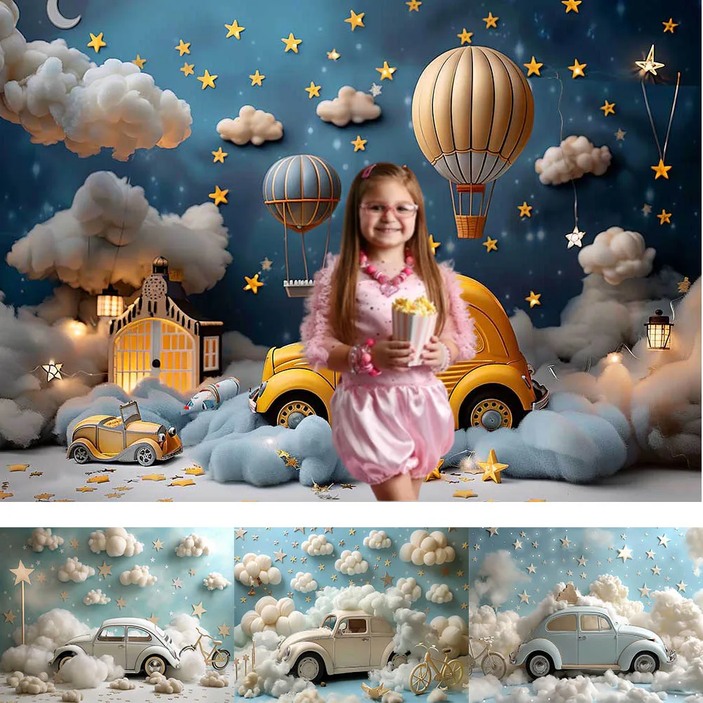 

Cartoon Car Photography Background Balloons Clouds Baby Shower Party Decoration Newborn 1st Birthday Party Backdrop Studio