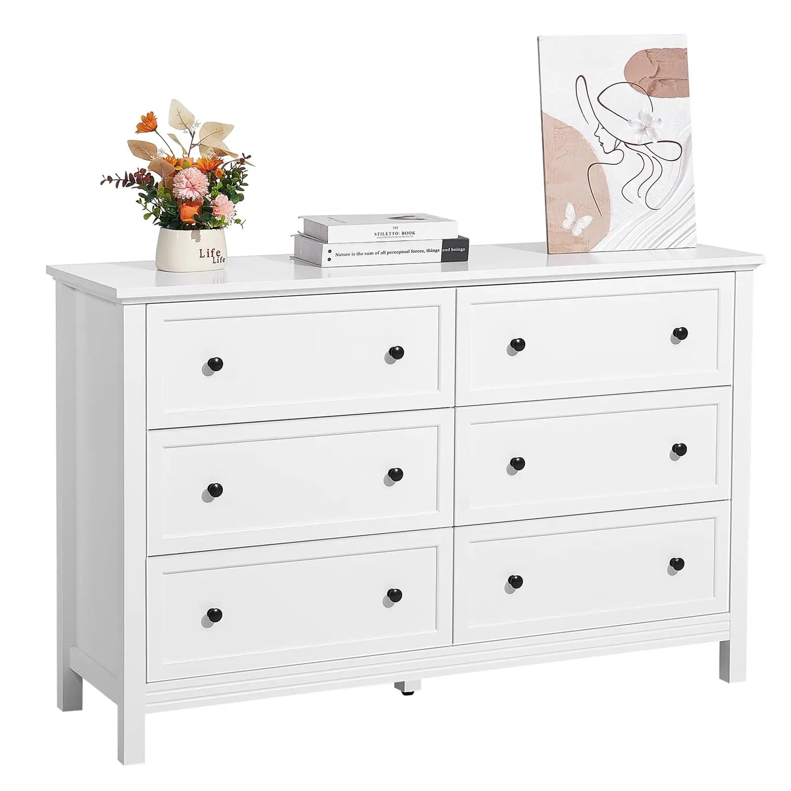 6 Drawer White Wooden Dresser With Metal Knobs For Bedroom Living Room