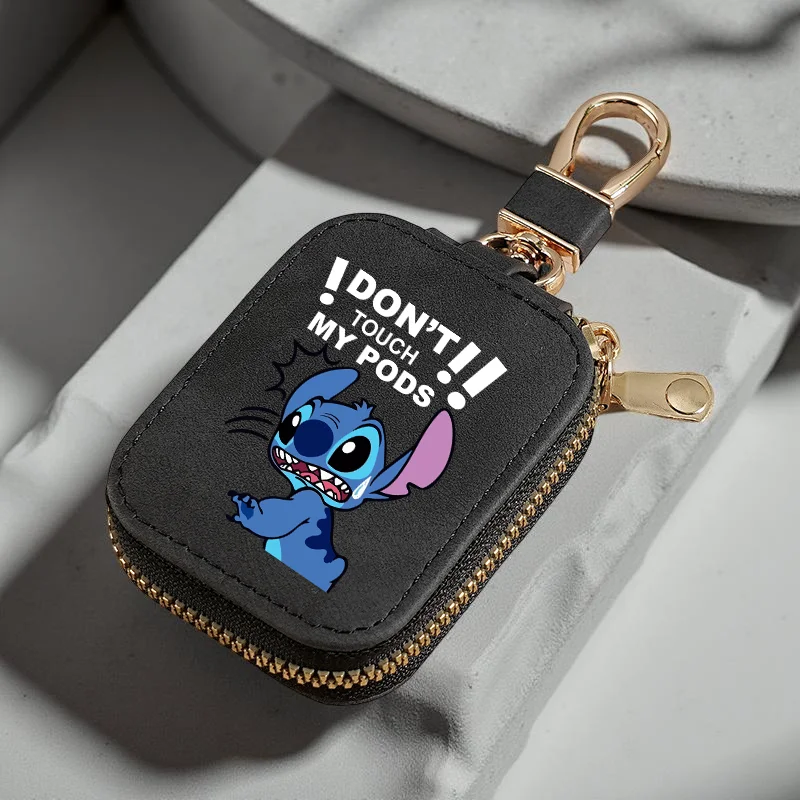 1Pc Stitch Pattern PU Artificial Leather Wireless Earphone Protective Case with Mesh Pocket & Keychain for Wireless Headphone