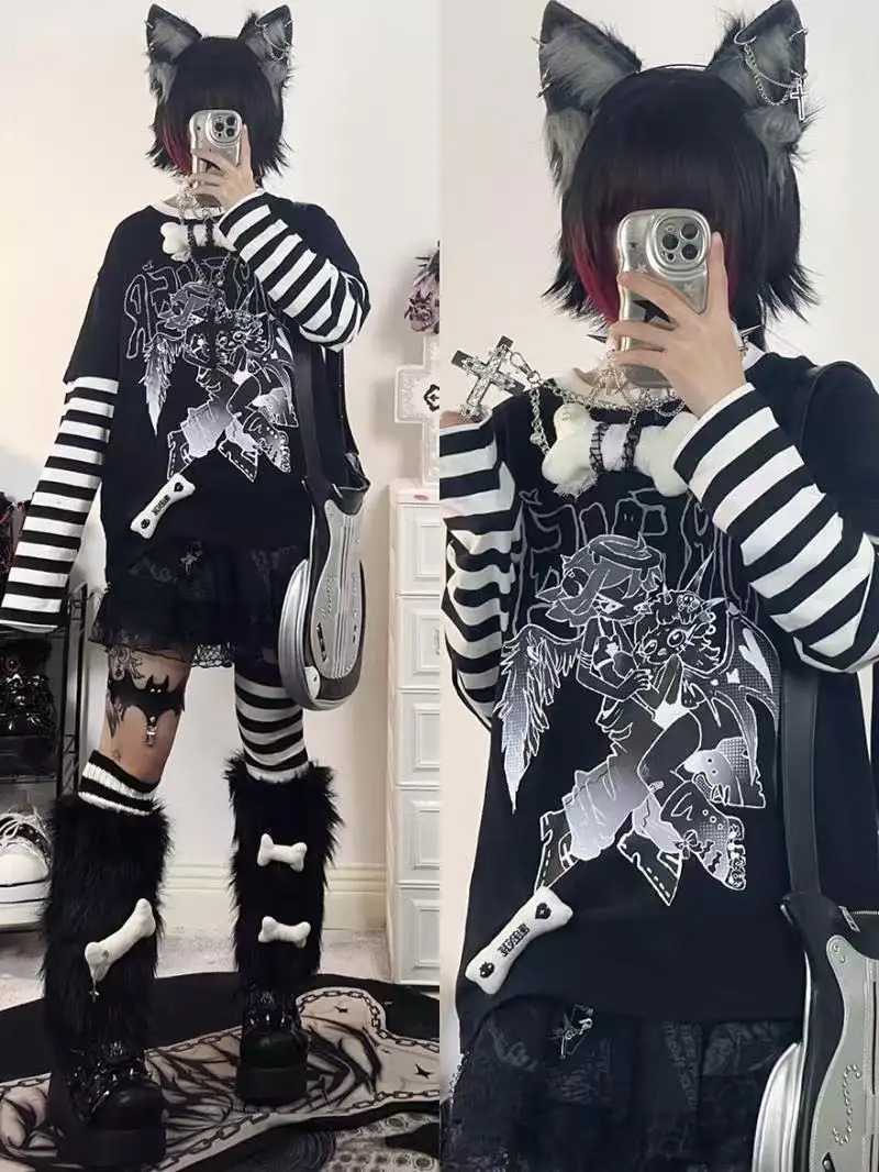 Fashion Stripe Print T-shirts Basic Tee Casual Oversized Patchwork Tops Long Sleeve Fake Two Piece Striped Tshirt Tees Clothing