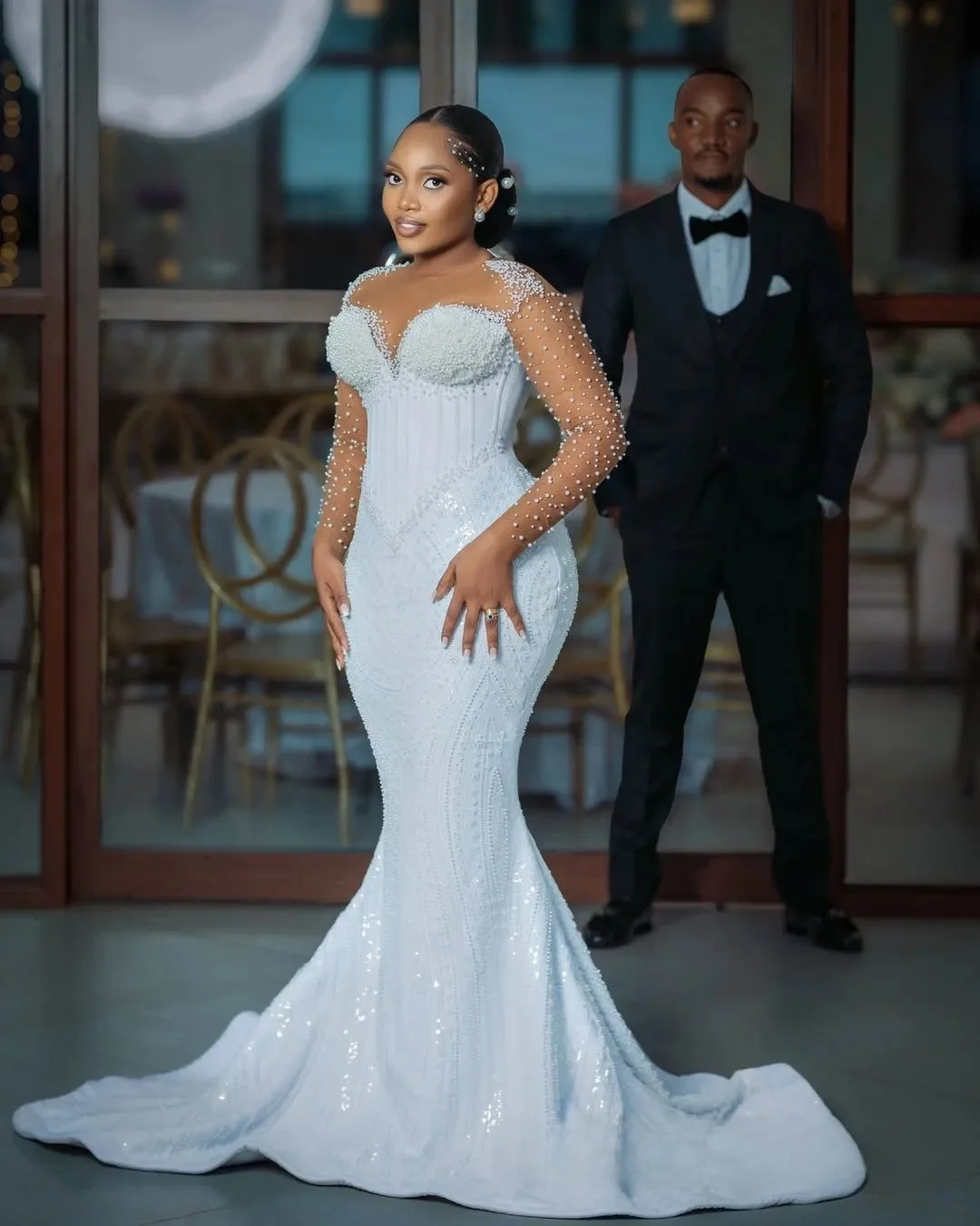 Customized Wedding Dresses Bridal Gowns For Bride Mermaid Marriage Dress Sheer Neck Long Sleeves Beaded Lace