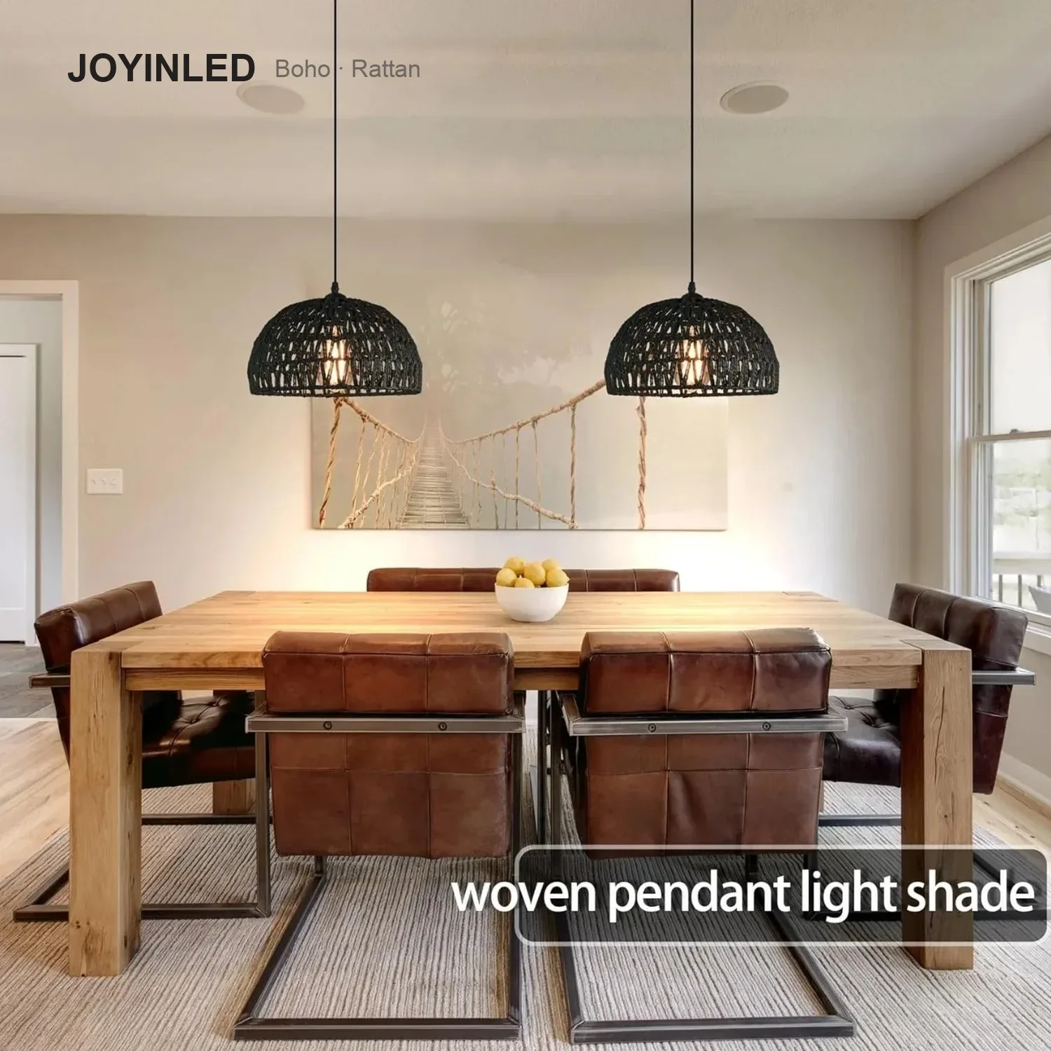 JOYINLED Rattan Chandelier Pendant Light E27 Plug In Cord Kit, Handmade Wicker Lampshade Boho Hanging Fixture with ON OFF Switch