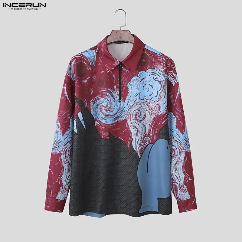INCERUN Kemeja Pria Kerah Cetak Lengan Panjang Ritsleting Pakaian Pria Kasual Atasan Santai Fashion Longgar Pakaian Jalanan Kemeja Pria S-5XL