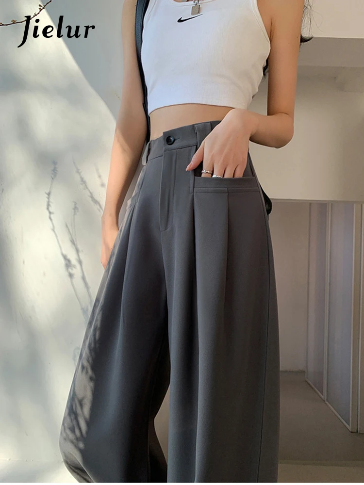 Jielur Losse Grey Fashion Pockets Broek Lady Lente Zomer Hoge Taille Rechte Lange Broek Vrouwelijke Toevallige Wijde Pijpen Broek Vrouwen