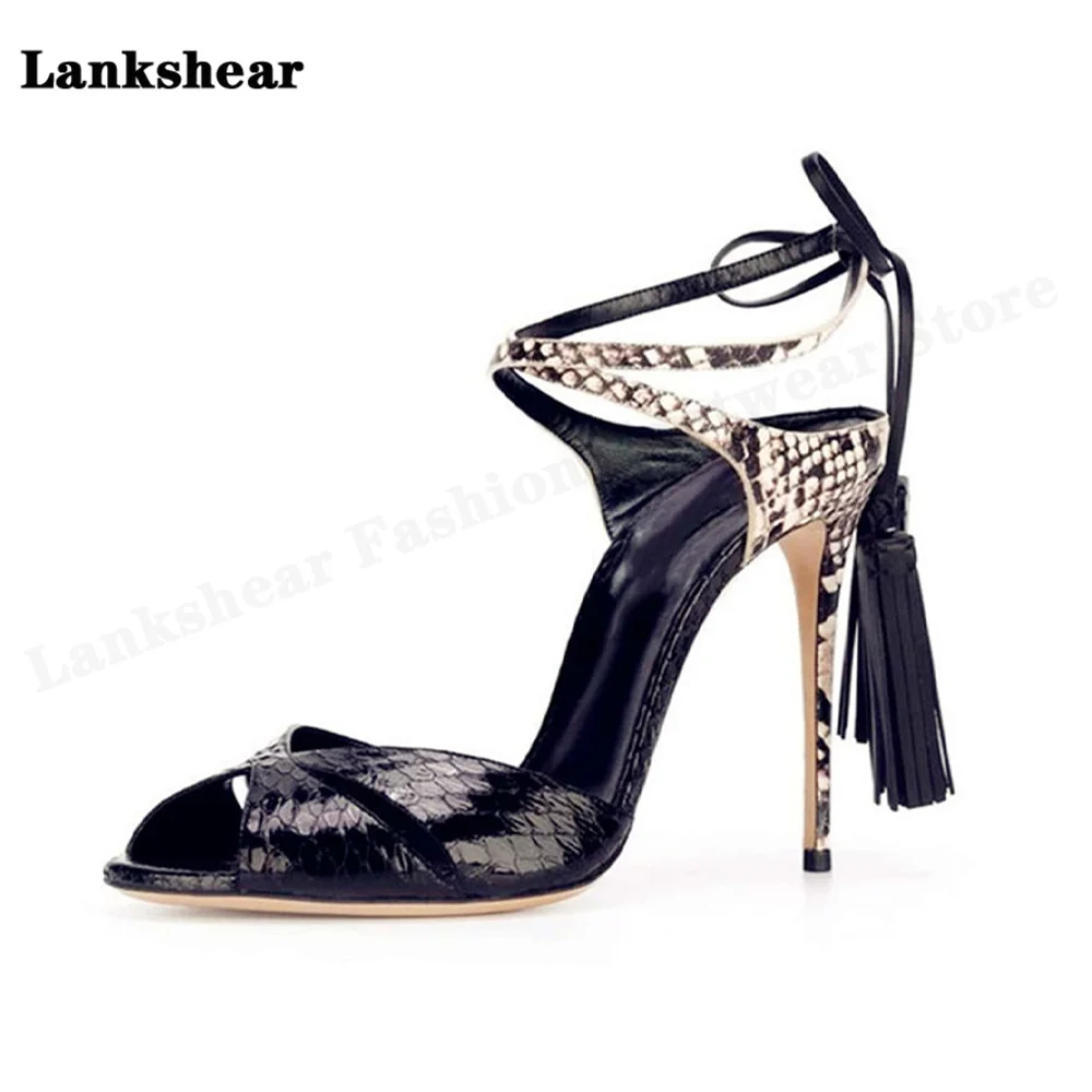 

2023 New Snake Pattern Round Head Stiletto Super High Heel Fish Mouth Hollow Fashion Sandals Large Size Sandals for Women