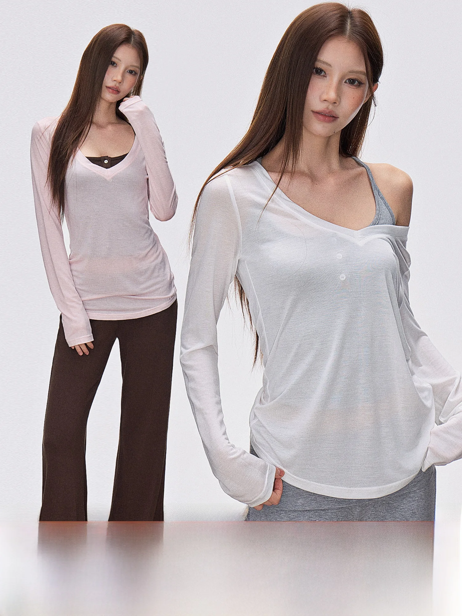 Loose Long Sleeve V-Neck T-Shirt Women's New Lightweight Thin Micro-Porous Sun Protection Cover up Lazy Atmosphere Top