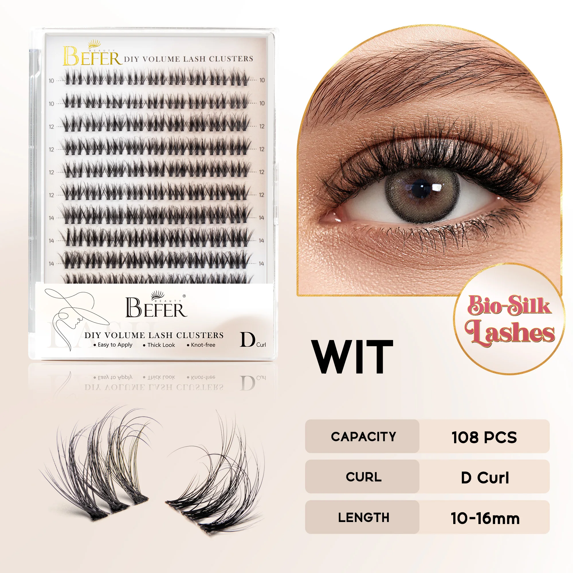Befer 144 Stück Wimperncluster, 3D-natürliche, flauschige Cluster-Wimpern, DIY-Wimpernverlängerung, 10–16 mm, hochwertiges, weiches, superdünnes Band-Make-up