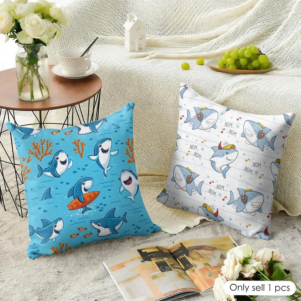 Cute Shark Pattern Cushion Cover Natural Linen Organic Fabric Double-Sided Printing Sofa Home Decor Gift Pillow Case