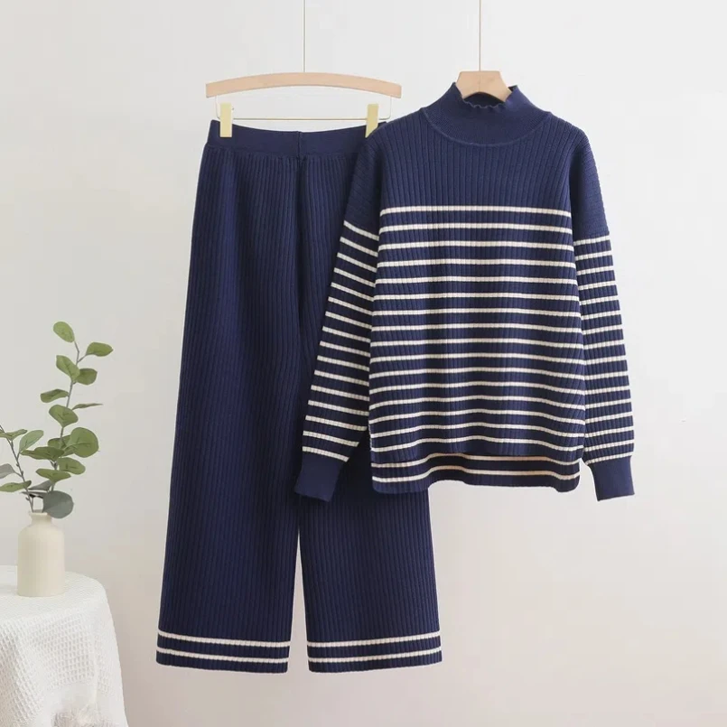 Moda coreana listrada semi gola alta suéter calças de perna larga conjunto de duas peças de malha primavera e outono terno solto