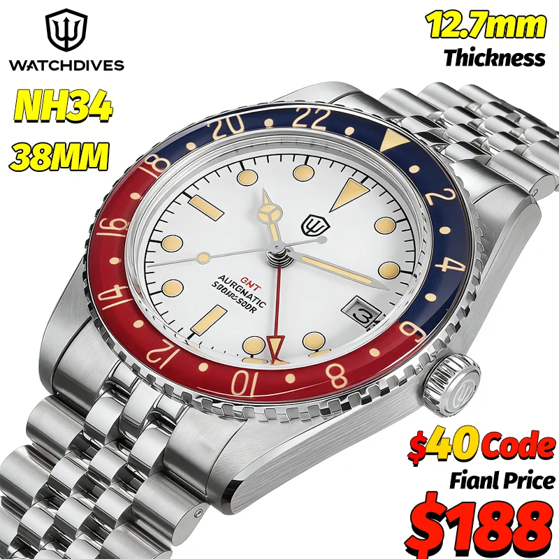 

Часы Watchdives WD6542 GMT, японские механические часы NH34, AR Bubble Sapphire Super C3, светящиеся, водонепроницаемые, 100 м, мужские роскошные часы