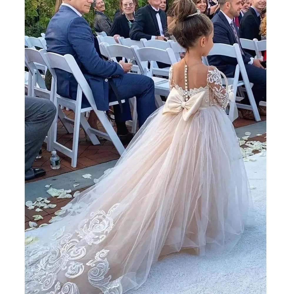 Cute Ball Gown Bow Back Flower Girl Dresses For Wedding Party Long Sleeves Princess Lace Tulle Girls Ceremonial Dress Vestido