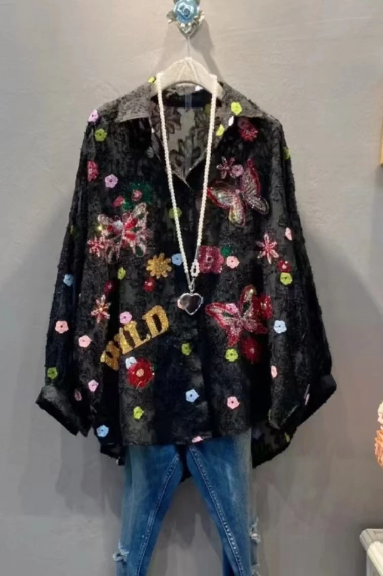 New In 2024 Autumn Embroidery Sequined Hot Drilling Oversized Shirts For Women\'s Mid-length Single Breasted Blouses Tops Blusas