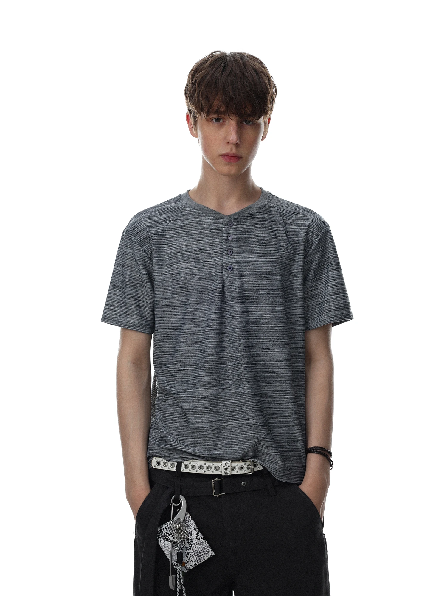 MRNEARLY American Retro Henry Collar Short Sleeve T-Shirt Men's Texture Design Simple Trendy Top Summer Breathable Comfortable