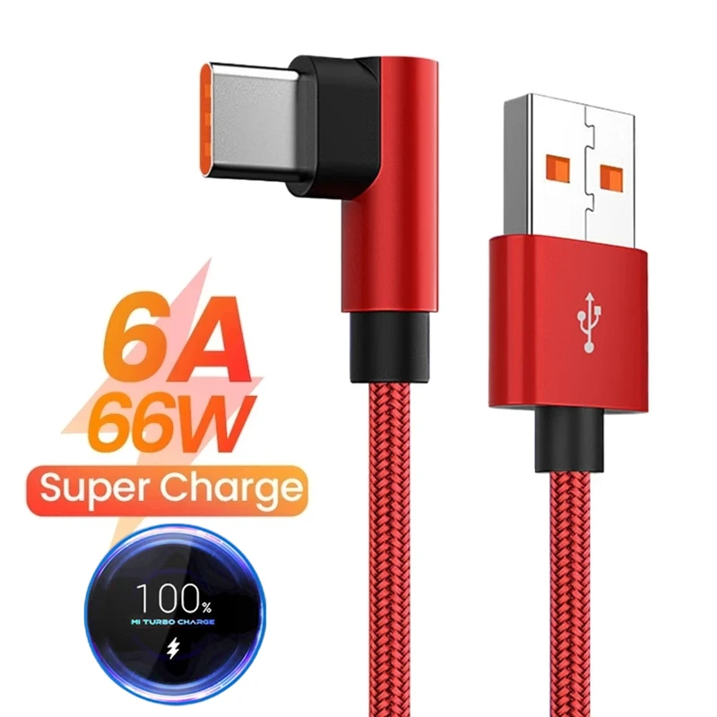 6A 66W Elbow Super Fast Charging Type C USB Cable For Xiaomi 11 12 13 14 15 Redmi Note 13 14 Pro POCO F7 F8 X6 X7 Honor Realme