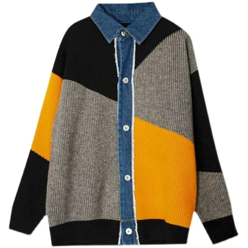 Fall/Winter 2023 New Color-matching Western-style Sweater Women's Shirt Collar Cardigan Jacket Loose Splicing Sweater Female