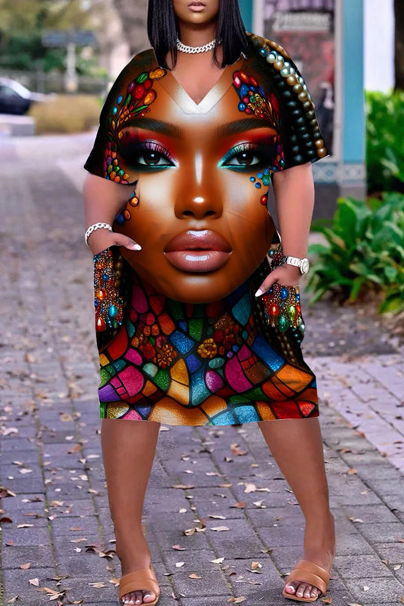 3d African Women Dress Women Fashion Short Sleeve Sexy Midi Evening Dress Party V-Neck Boho Beach Dress Elegant Sundress Casual