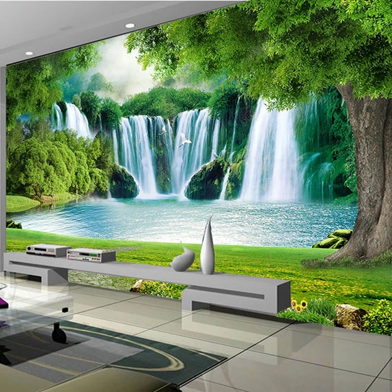 Custom 3D Wallpaper Waterfall Meadow Green Landscape Mural Living room sofa TV background wall bedroom restaurant forest Hotel