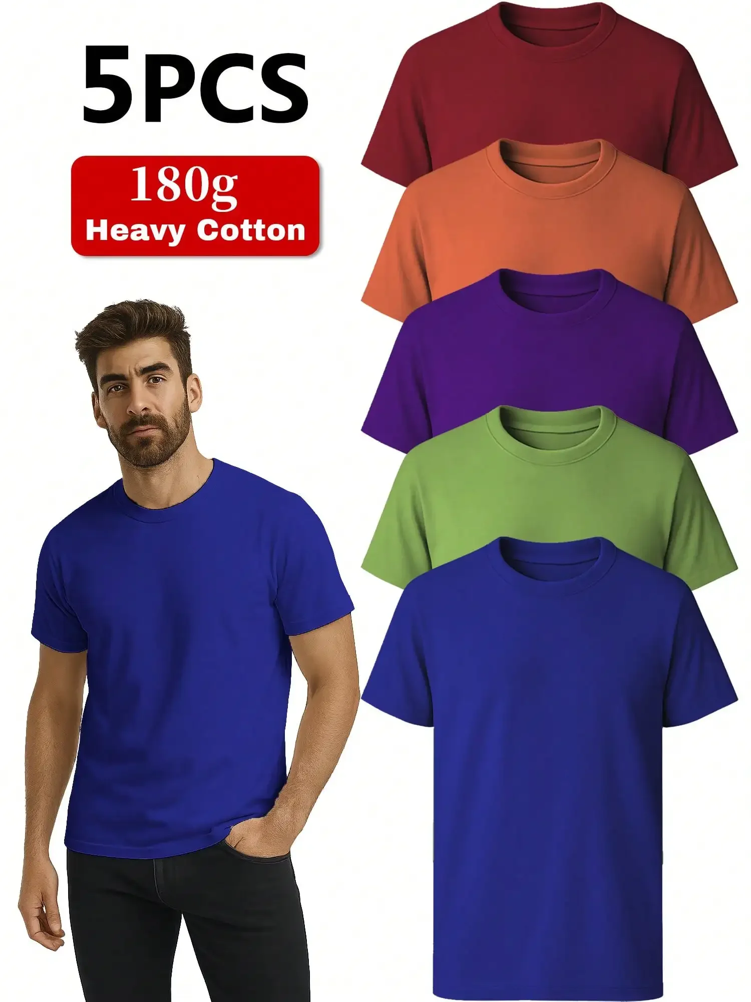 

5-Pack Mens 180g Heavy Cotton Solid Color Crew Neck T-Shirt