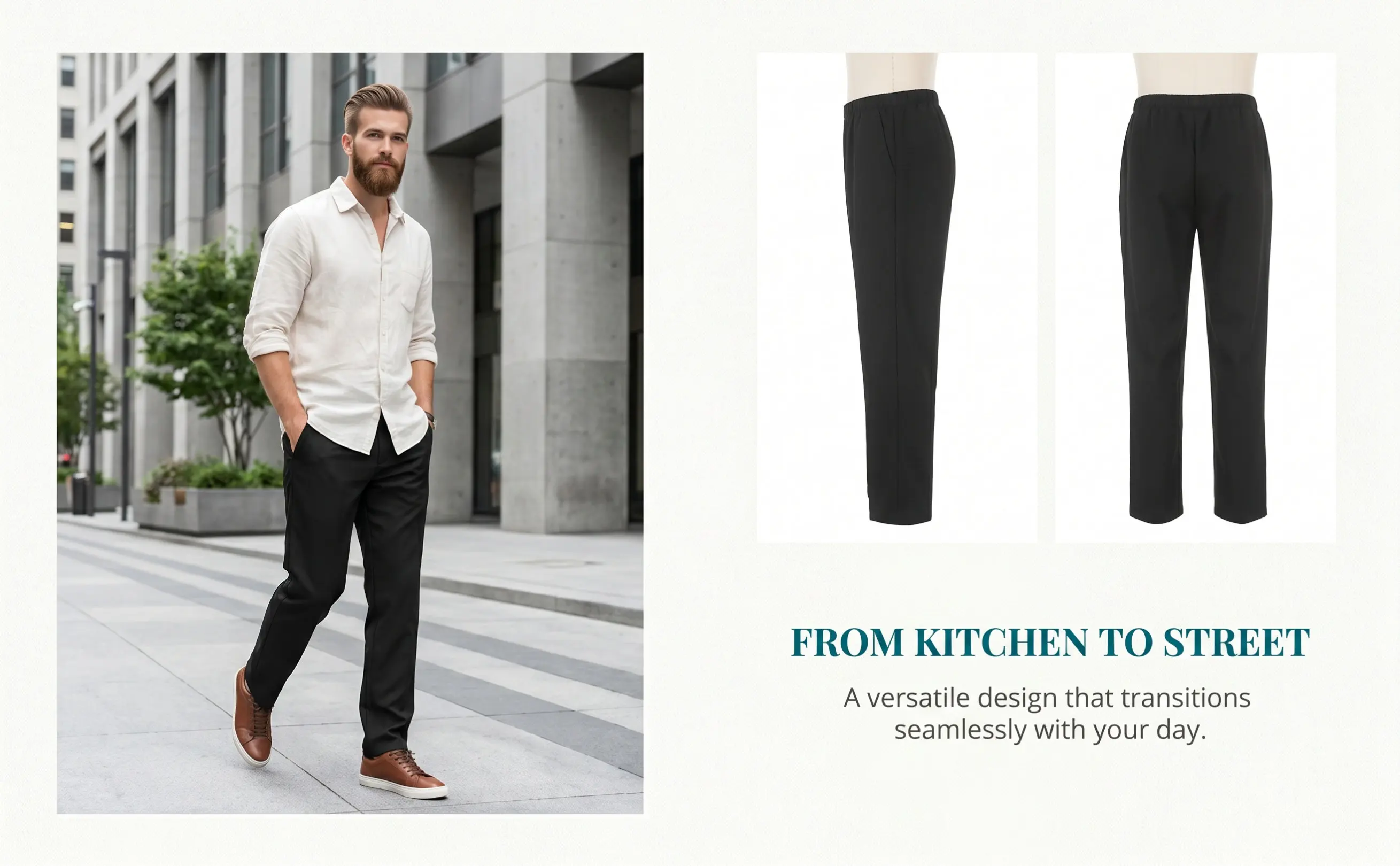 Black Chef Pants for Men Breathable Wearproof Polyester Kitchen Work Trousers Restaurant Hotel Uniform Loose Fit Functional