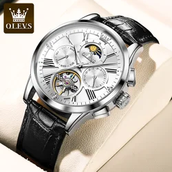 OLEVS 9912 Luxury Man Watch Leather Strap Hollow Out Automatic Mechanical Wristwatch Moon Phase Waterproof Calendar Mens Watches