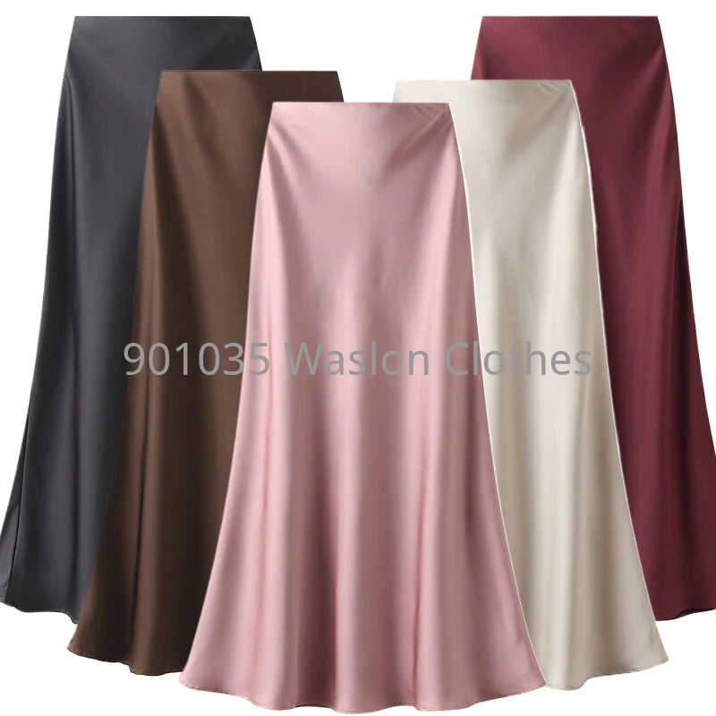 Women  Vintage Elastic Satin Skirts Straight Maxi Champagne Skirt Elegant Women High Street Flared hem Satin Skirt