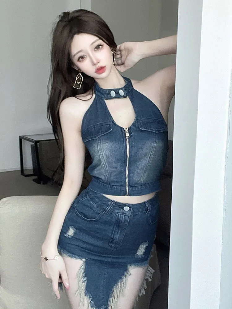 Summer Women\'s Suit Vintage Denim Two Piece Set Halter Backless Sexy Crop Top And Hole Mini Skirt 2 Piece Sets Womens Outfits