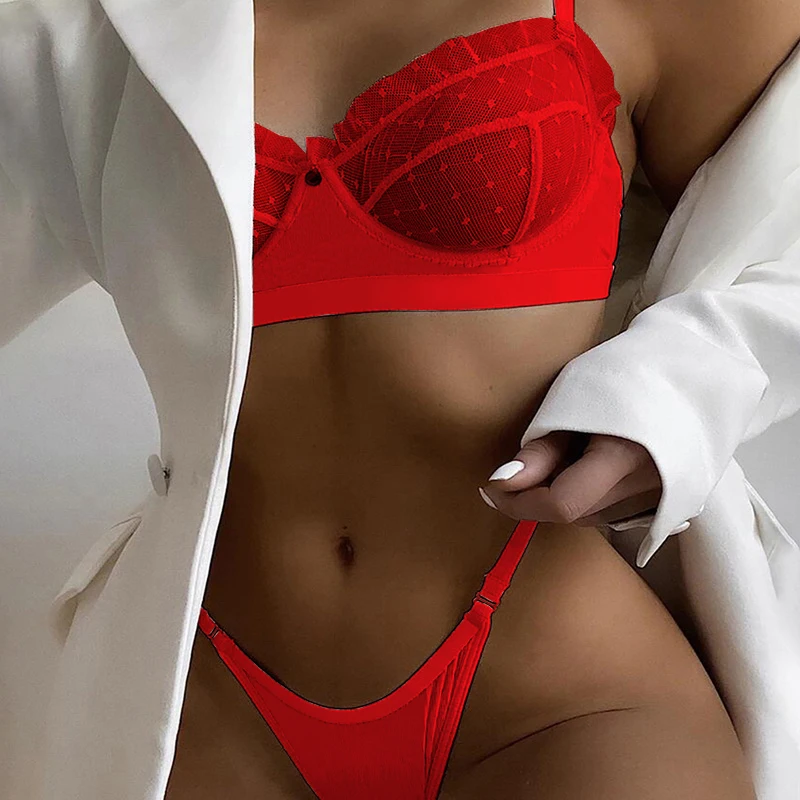 Women Sexy Lingerie Lace Bra Set Ruffle Transparent Underwear Hot Erotic Lingerie Set Push Up Bra with Panty Set Red Briefs Sets