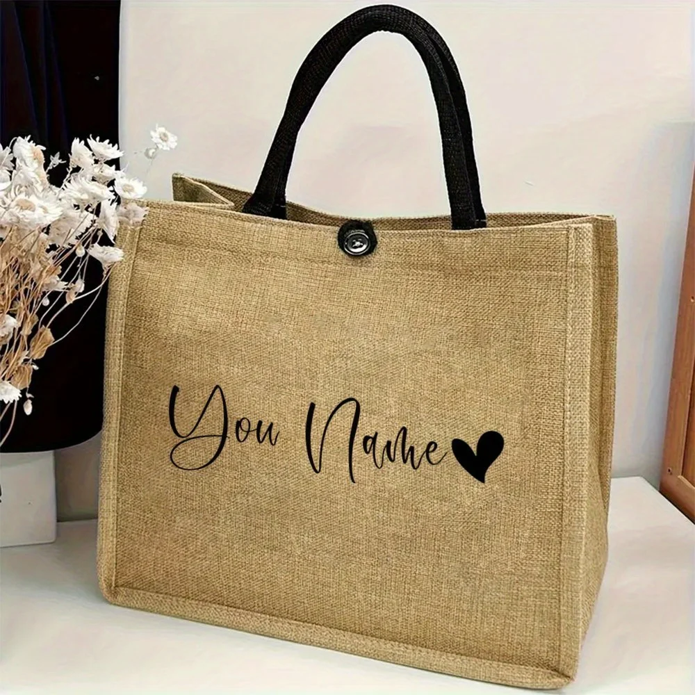 

Personalized Name Linen Tote Bag with Love Print Heart Symbol Reusable Shopping Bag Durable Buckle Closure Beach Travel Weddings