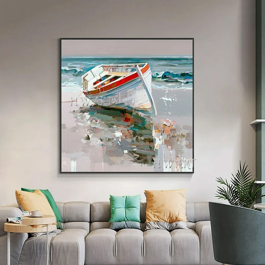 

Sea Wave Oil Painting 3D Boat Landscape Abstract Picture Art Wall Unframed Acrylic Design Canvas Decorative Items For Cafe