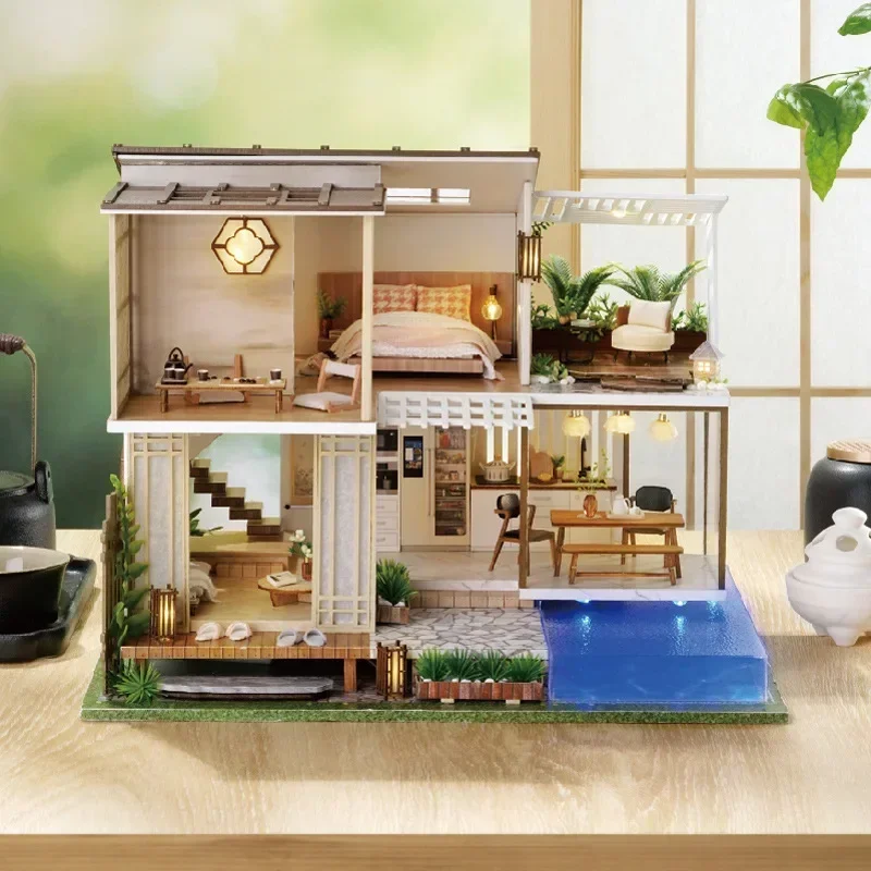 

Swimming Pool Modern Loft Casa DIY Villa Dollhouse New Wooden Doll House Kit Miniature with Furniture Toys Adults Christmas Gift