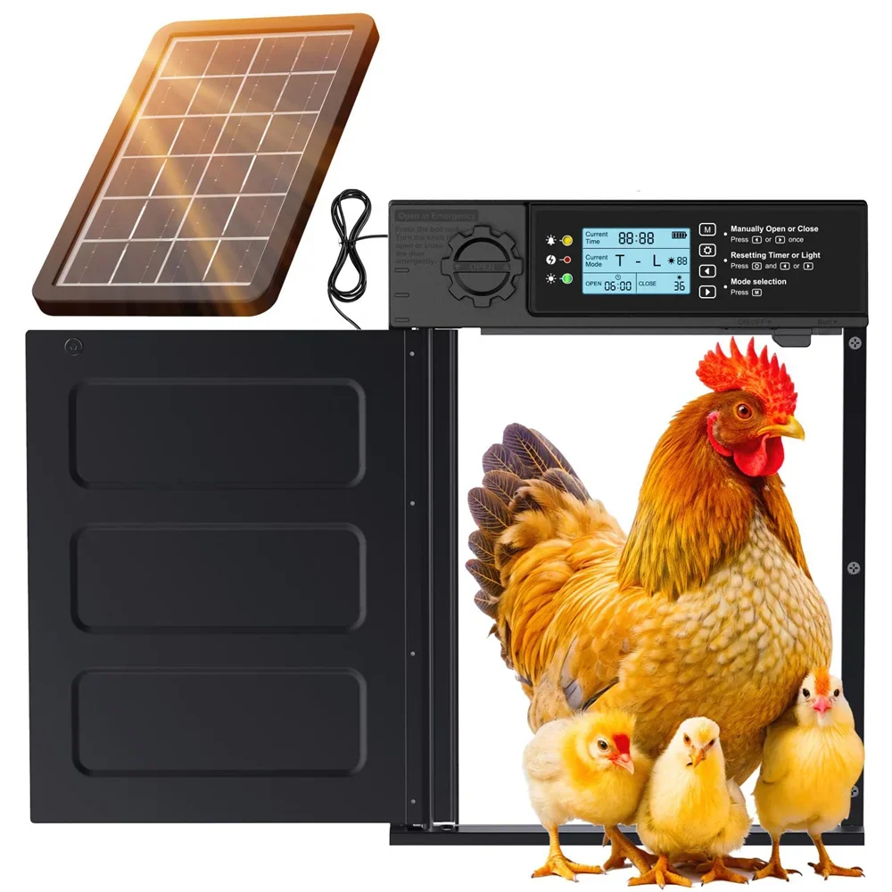 

Solar Automatic Chicken Coop Door Aluminum Alloy Light Sensor Timer Emergency Mode Anti Pinch LCD Display Wide Opening