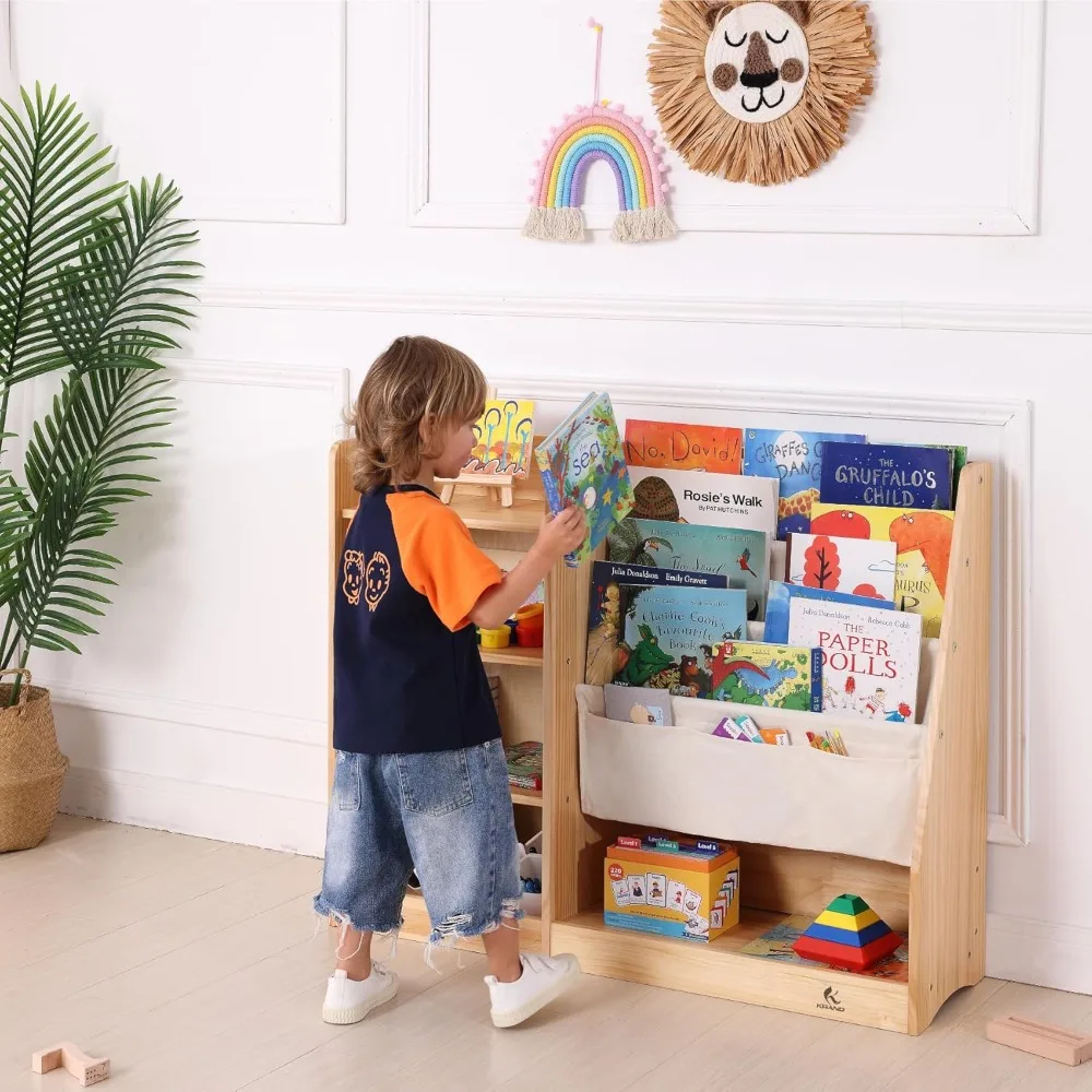 4-Layer Kids Wooden Bookshelf, 4-Tier Layer Sling Bookcase, Baby Storage Book Rack,Toy Organizer Cabinet