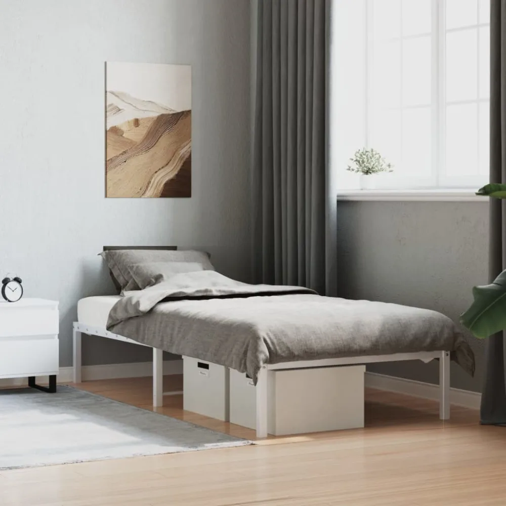 Cadre de lit en acier robuste 90 x 200 cm avec sommier à lattes métalliques et pieds centraux, espace de rangement sous le lit, design classique élégant pour chambre principale, studio et logement