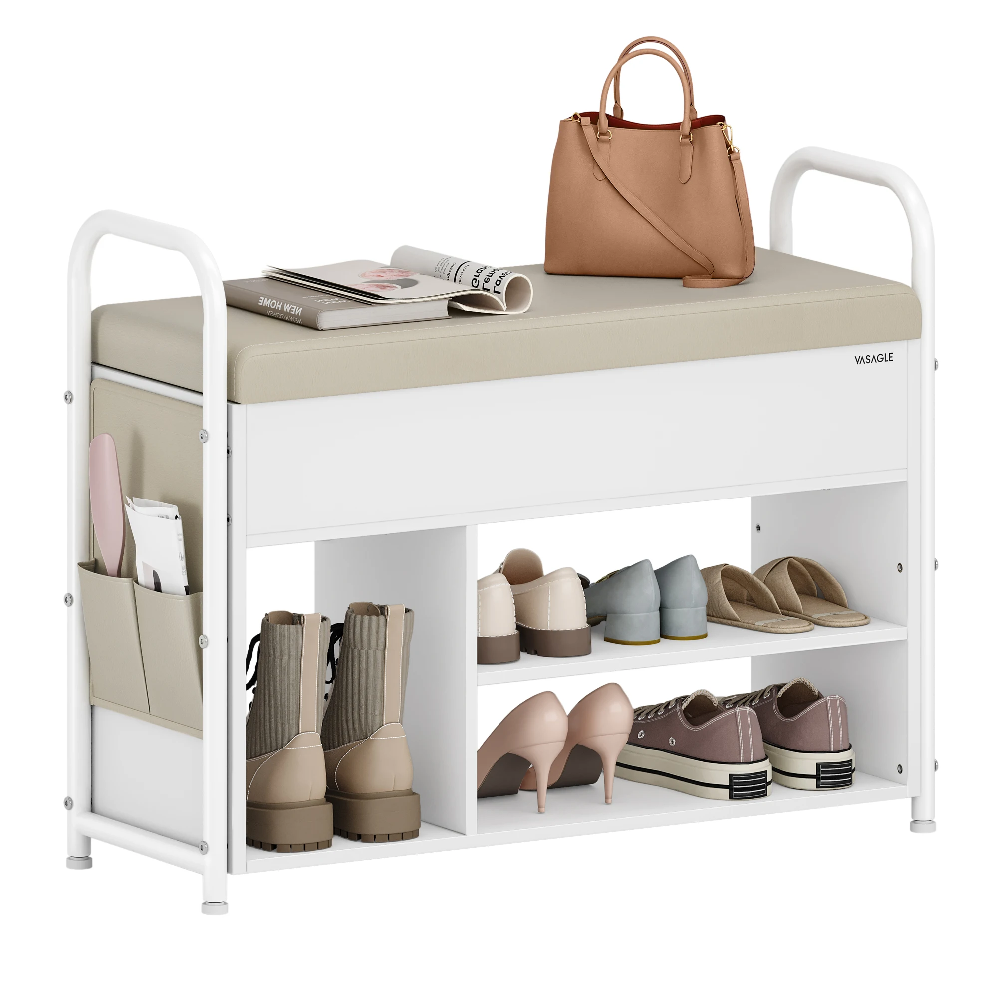 VASAGLE Shoe Storage Bench, Shoe Rack, Entryway Furniture, Inner Storage Under the Lid, PU Pockets, Convenient Handles