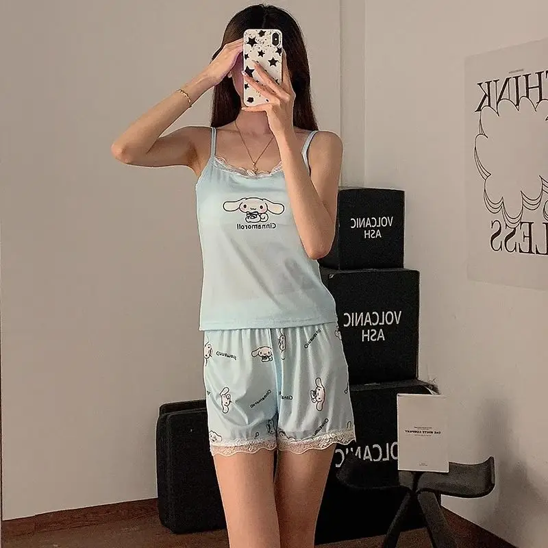

Sanrio Anime Characters Cute Cinnamon Roll Pajamas for Girls Summer with Chest Cushions Sexy Straps Lace Home Clothes Set Gift